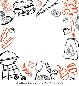 Barbecue square frame with burger, grilled meat, kettle grill, charcoal bag, bacon, skewers and cooking utensils surrounding open copy space for social media posts, menus and cookout invitations, hand drawn black and orange vector illustration.