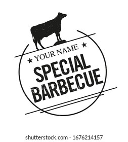 Barbecue stamp with cow silhouette. Meat Grill. Black and white Vector illustration.