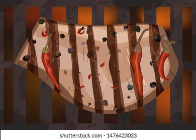 Barbecue steak with chili pepper. White background. Vector illustration. Grill with coals and fire.