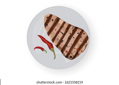 Barbecue steak with chili pepper. White background. Vector illustration. White dish.