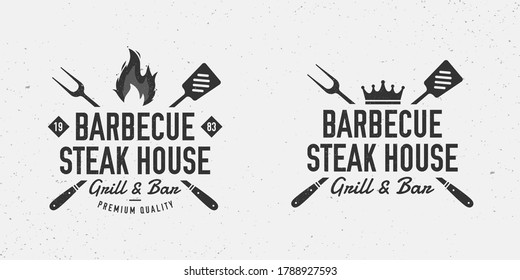 Barbecue, Steak House Logo Templates. Old Vintage Bbq Logo With Grunge Texture, Grill Fork And Spatula. Vector Illustration