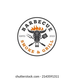 Barbecue steak house menu emblem with cow head silhouette. Vintage typography badge design for Grill restaurant logo template