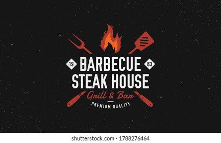 Barbecue, Steak House restaurant logo, poster. BBQ grill logo with fire flame, spatula and grill fork. Vector emblem template.