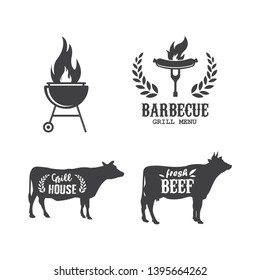 Barbecue, steak house, restaurant related illustrations, solid icons with bbq grill, sausage on fork emblem, logotype, cow silhouettes with lettering.
