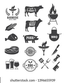 Barbecue, steak house, restaurant related illustrations, solid icons with bbq grill, sausage on fork emblem, logotype, cow silhouettes with lettering.