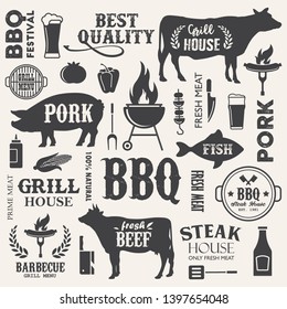 Barbecue, Steak House Typography Pattern With Lettering Quotes, Cow, Pig, Bbq Grill, Sausage, Beer Vector Illustrations.