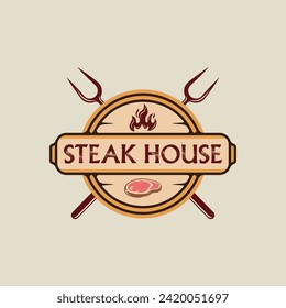 emblema del logotipo del filete barbacoa ilustración del vector diseño gráfico del icono. Parrilla barbacoa con llama y seña de horquilla de carne o símbolo para restaurante de comida steak house con insignia de círculo estilo tipográfico retro