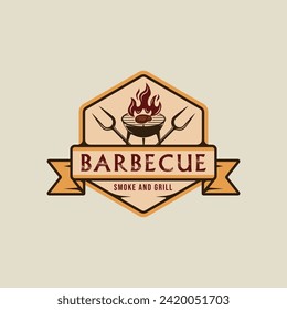 barbecue steak logo emblem vector illustration template icon graphic design. BBQ grill with flame and meat fork sign or symbol for food restaurant steak house with badge retro typography style