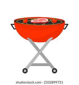 Barbecue, street large brazier for cooking on gas or fire. Frying steak and vegetables, grilling meat. Home party or picnic. Equipment for family or friends weekend pastime. Vector illustration.
