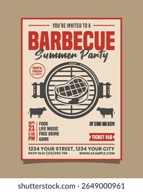Barbecue Summer Party portrait vertical flyer or poster vector template, BBQ invitation design