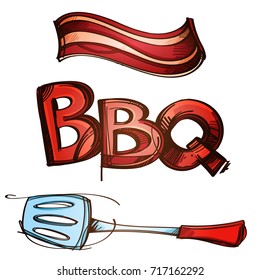 Barbecue symbol and Frying Shovel color illustration for menu design, packaging, for creating a logo or emblem.