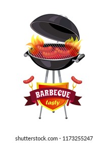 Barbecue tasty brazier with sausages isolated icons set vector. Cookout mangal and roasting frankfurters on fire. Barbecuing party on shield emblem