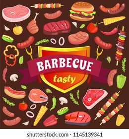 Barbecue tasty party icons vector. Shield with ribbon and text, ham slice and beef. Brochette and skewer, vegetables and hamburger, sausages peppers