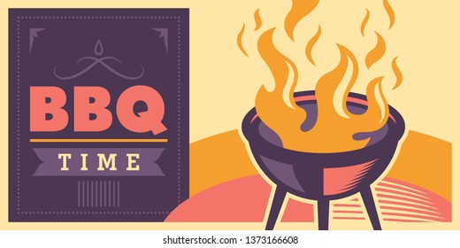 Diseño de banner de horario de parrillada en estilo retro. Ilustración vectorial.