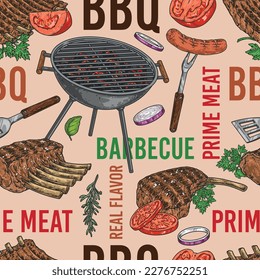 Barbecue time colorful seamless pattern with fried pork or beef steaks near grill filled with glowing coals vector illustration