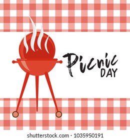 Barbecue time grill over tablecloth background. colorful flat design. vector illustration. Lettering quote logo
