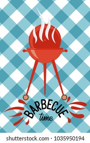 Barbecue time grill over tablecloth background. colorful flat design. vector illustration. Lettering quote logo