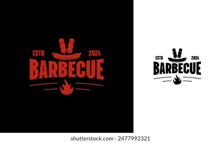 Barbecue time logo design. Grill symbol with sausage, cutlets, and fire concept for restaurant. Vintage BBQ vector icon