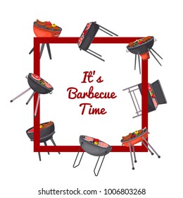 Barbecue time poster with grilled meat on charcoal grills. Outdoor cooking equipment with assorted delicious food vector illustration. Garden bbq picnic, traditional weekend food preparation.