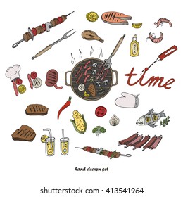 Barbecue time. Set of barbecue and grill elements. Vector illustration in sketch style. Hand drawn design elements.