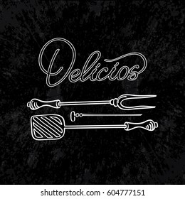 Barbecue time typographical template with delicious inscription and bbq tools on dark background isolated vector illustration