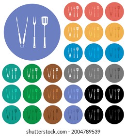 Tonos de parrillada e iconos planos de múltiples colores de bifurcación y espátula sobre fondo redondo. Se incluyeron variaciones de iconos blancos, claros y oscuros para efectos de movimiento y estado activo, y tonos extra.
