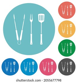 Barbecue tongs and fork and spatula solid flat white icons on round color backgrounds
