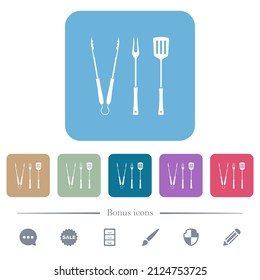 Barbecue tongs and fork and spatula solid white flat icons on color rounded square backgrounds. 6 bonus icons included