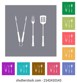 Barbecue tongs and fork and spatula solid flat icons on simple color square backgrounds