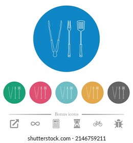 Barbecue tongs and fork and spatula solid flat white icons on round color backgrounds. 6 bonus icons included.