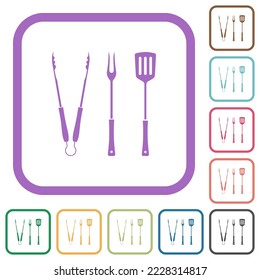 Barbecue tongs and fork and spatula solid simple icons in color rounded square frames on white background