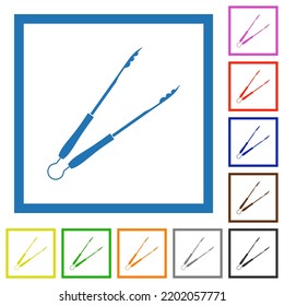 Barbecue tongs solid flat color icons in square frames on white background