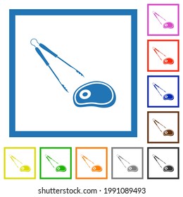 Barbecue tongs and steak flat color icons in square frames on white background