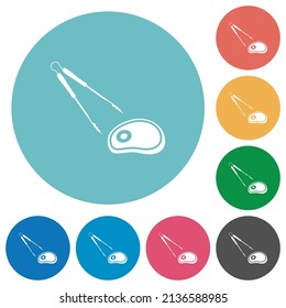 Barbecue tongs and steak flat white icons on round color backgrounds