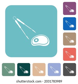 Barbecue tongs and steak white flat icons on color rounded square backgrounds