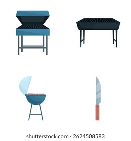 Barbecue tool icons set cartoon vector. Barbecue party equipment. Outdoor cooking