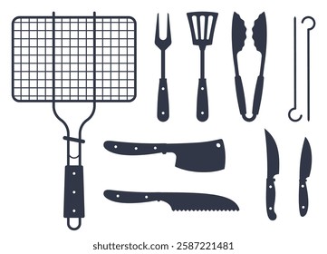 Barbecue tool silhouette set. Black silhouette. Cooking device for meat. Grill equipment, different knifes, spatula and fork, supplies kit icon. BBQ grid. Vector flat isolated illustration