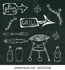 Barbecue Tools: BBQ Fork, Tongs, Grill with Meat, Fire, Beer Bottle, Can, Ketchup, Herbs. Isolated on a Black Chalkboard Background. Hand Drawn Sketch Vector Illustration. Savoyar Doodle Style.