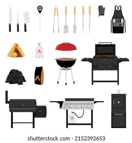 Barbecue tools collection. BBQ utensils set. Barbeque grill appliances vector icons.