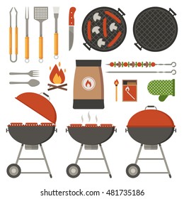 Barbecue tools collection. BBQ utensils set. Barbeque grill appliances vector icons.