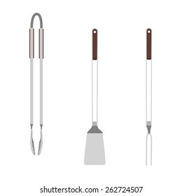 Barbecue tools fork, scapula and tongs, grilling utensils vector isolated