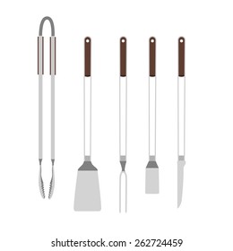 Barbecue tools knife, fork, turner, scapula and tongs, grilling utensils vector isolated