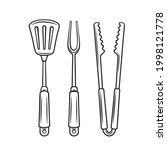 Barbecue tools outline vector icon, drawing monochrome illustration. Tongs, carving fork, spatula for grilling.