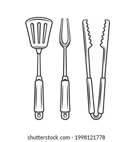 Barbecue tools outline vector icon, drawing monochrome illustration. Tongs, carving fork, spatula for grilling.