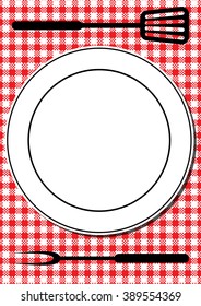 Barbecue tools and plate on red tablecloth
