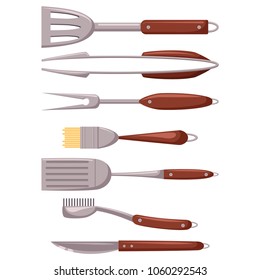 Barbecue tools set. Grill utensil vector cartoon flat icons isolated on white background.