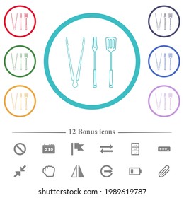 barbecue tools, tongs fork and spatula flat color icons in circle shape outlines. 12 bonus icons included.