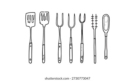 Barbecue Tools Diseño de ilustración de arte de línea de Vector para amantes de la cocina