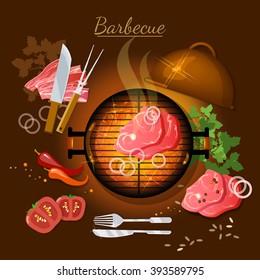Barbecue top view bbq grill party grilled meat vector illustration 