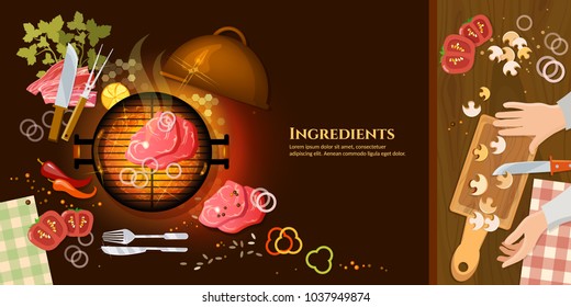 Barbecue top view, meat vector. Cooking food banners fresh vegetables ingredients barbecue grilled meat vector 